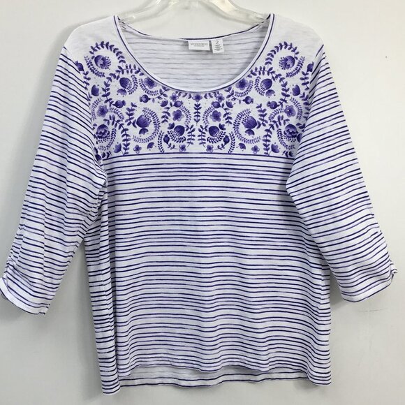 Weekends By Chico's Long Sleeve Strip and Floral Purple and White Top Size - Picture 1 of 6